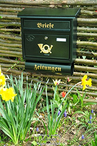 BTV Massivstahl-Briefkasten, mit Rostschutz F groß in grün dunkelgrün moosgrün Zeitungsfach Zeitungen Post antik Mailbox Schild von BTV
