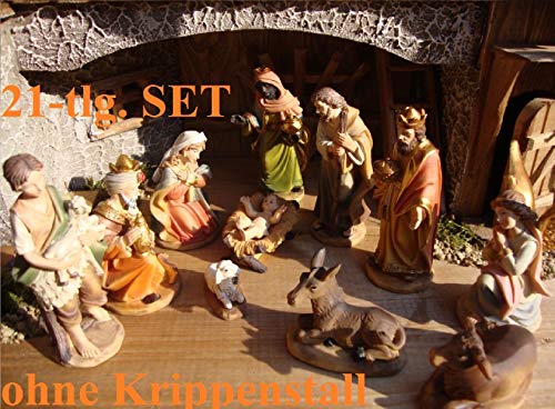 BTV Premium Krippenfiguren 21-TLG. Set ca. 11 cm - 12 cm KFG-MDS in hochwertiger Ausführung und detailgetreuer Mimik, handbemalt - Premium Figuren für Holz - Weihnachtskrippe + Zubehör, Krippenspiel von BTV