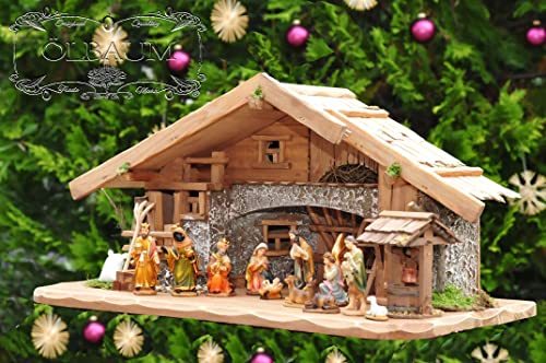 BTV XL Große Weihnachtskrippe, mit Brunnen + Dekor, ca. 60 cm Massivholz historisch braun komplett mit Brunnenset - mit 12 x Premium-Krippenfiguren + Engel ÖLBAUM von BTV