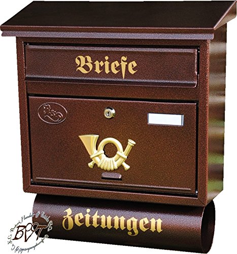 Briefkasten, Premium-Qualität, mit Schutzlackierung FG/c groß in kupfer kupferbraun braun Zeitungsfach Zeitungen Post antik Mailbox Schild von BTV