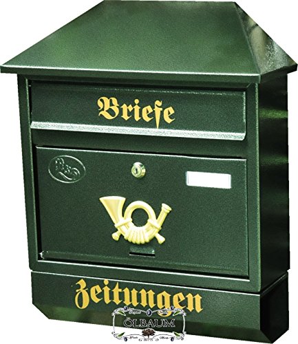 BTV Briefkasten, Premium-Qualität aus Stahl, verzinkt, pulverbeschichtet Walmdach W grün dunkelgrün moosgrün Zeitungsfach Zeitungsrolle Postkasten NEU von BTV