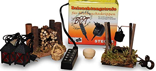 Krippenbeleuchtung - Set,Laterne Lagerfeuer F2 + LED,Weihnachtskrippen-Beleuchtung 7 Teile mit 2,8 m Kabel + Anschlüsse,Krippenzubehör Krippenstall und Holz-Krippe,F2-Tlro-rote Laterne Lampe + Lämpch von BTV