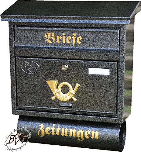 BTV NEU Briefkasten, groß XXL, Premium-Qualität, lackiert, Hammerschlag-Optik FG/a XXL anthrazit schwarz Gold mit Zeitungsrolle fertig montiert Postkasten Post von BTV
