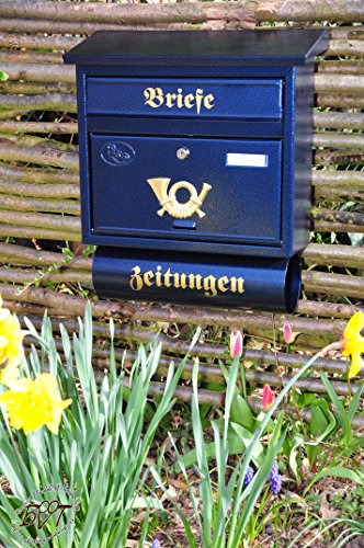 Stabiler Briefkasten, Premium-Qualität, mit Schutzlackierung FG/bl groß in blau edelblau dunkelblau Zeitungsfach Zeitungen Post antik Mailbox Schild von BTV