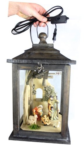 Tolle Weihnachtskrippe, mit Figuren, Laterne Holz, mit Beleuchtung 220V, Laterne aus Holz KL-MFOS-SCHWARZGEBEIZT groß edel schwarz dunkel gebeizt, mit Licht, Glasvitrine, Vitrine, Schaukasten, Krippenstall von BTV