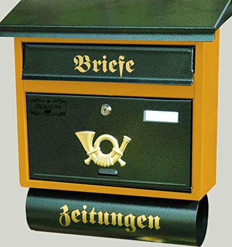 Vintage-Style Design Briefkasten, Motiv mit Zeitungsrolle antik, groß, Metall mit Lackierung, Flachdach mit Katalogeinwurf, von BTV