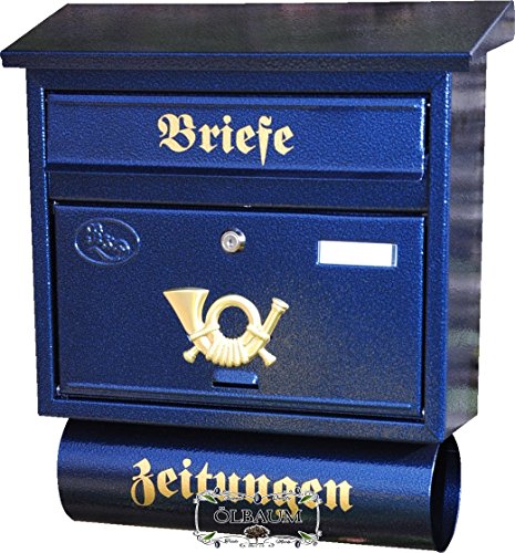 Wandbriefkasten,Briefkasten, Premium-Qualität aus Stahl, mit Schutzlackierung F groß in blau edelblau dunkelblau Zeitungsfach Zeitungen Post antik Mailbox Schild von BTV