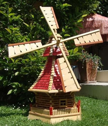 BTV XL Garten-Windmühle Holzwindmühle, Windmühlen Garten, imprägniert + kugelgelagert 1 m groß rot lasiert hell weinrot + Natur mit/ohne Solarbeleuchtung von BTV