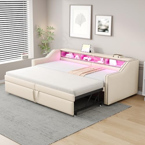 BTYJLEBE 3 in 1 Schlafsofa Ausziehbares Sofabett 90/180 x 200 cm, Schlafsofa mit 3 Offenem Stauraum, mit USB-Anschluss Lattenrost Geeignet für Schlafzimmer und Wohnzimmer Beige von BTYJLEBE