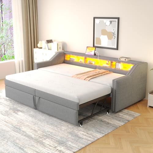 BTYJLEBE 3 in 1 Schlafsofa Ausziehbares Sofabett 90/180 x 200 cm, Schlafsofa mit 3 Offenem Stauraum, mit USB-Anschluss Lattenrost Geeignet für Schlafzimmer und Wohnzimmer Gray von BTYJLEBE