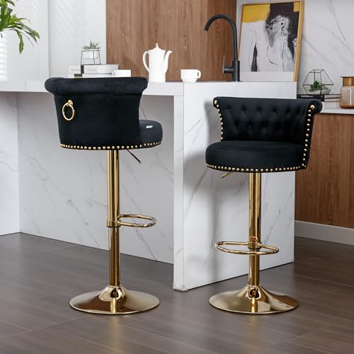 BTYJLEBE Barhocker 2er Set Höhenverstellbar Samt Barstuhl mit Rückenlehne Fußstütze 360° Drehbar Küchenhocker Dickes Kissen Tresenhocker Nagelkopfbesatz Bistrohocker Metallfuß Esshocker Schwarz von BTYJLEBE