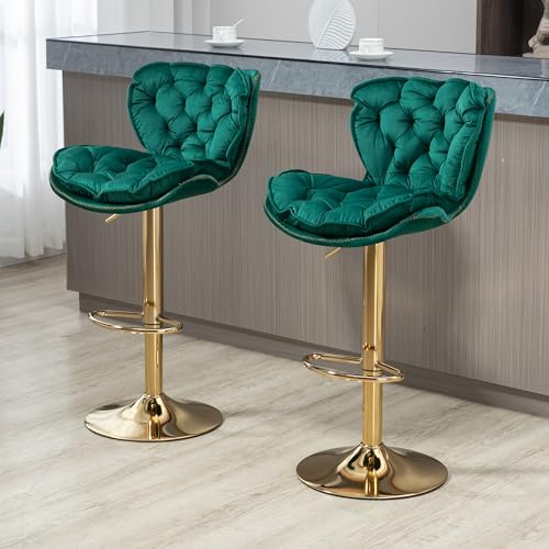 BTYJLEBE Barhocker 2er Set Höhenverstellbar Samt Ergonomische Barstuhl mit Rückenlehne Fußstütze Drehbar Tresenhocker Bistrohocker Metallfuß Esshocker für Theke Bar Salon Hausbar Esszimmer Grün von BTYJLEBE