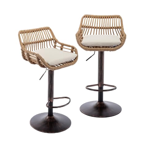 BTYJLEBE Barhocker 2er Set Rattan Höhenverstellbar Outdoor Barstuhl mit Rückenlehne Fußstütze Drehbar Küchenhocker Sitzkissen Tresenhocker Nagelkopfbesatz Bistrohocker Metallfuß Esshocker Beige von BTYJLEBE