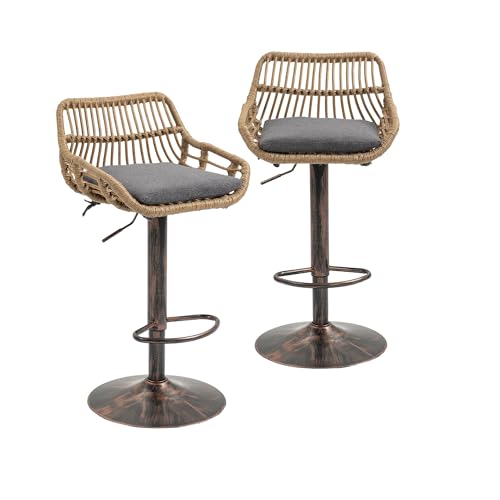 BTYJLEBE Barhocker 2er Set Rattan Höhenverstellbar Outdoor Barstuhl mit Rückenlehne Fußstütze Drehbar Küchenhocker Sitzkissen Tresenhocker Nagelkopfbesatz Bistrohocker Metallfuß Esshocker Grau von BTYJLEBE