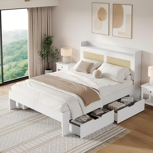 BTYJLEBE Bett 140x200 mit Stauraum, Doppelbett mit Vier Stauraumschubladen, Integriertem Ablagefach im Kopfteil Stabiles Massivholzbett, Weiß von BTYJLEBE