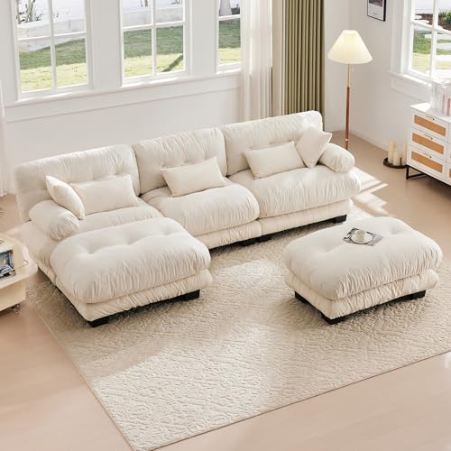 BTYJLEBE Big Sofa U Form 5 Sitzer mit Schlaffunktion Schlafsofa, Modulares Design Hochwertiges Velvet und 100% Memory Foam gefüllt - Moderner Luxus Couch mit 5 weiche Kissen (Beige) von BTYJLEBE