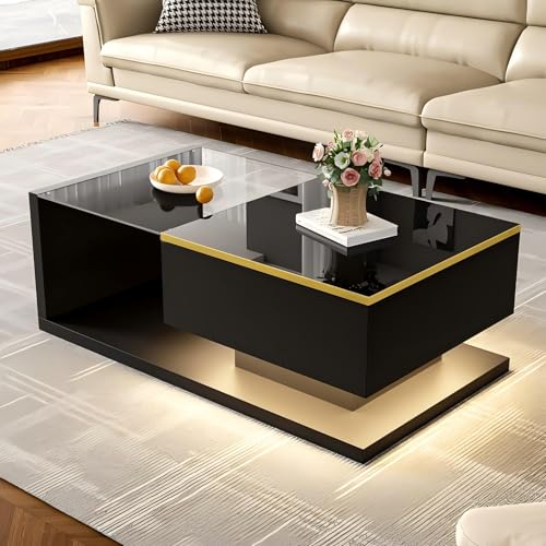 BTYJLEBE Couchtisch, Wohnzimmertisch Hochglanz, Glasplatte【Tragkraft 60KG】mit Schublade und Offenem Stauraum, Schwarz (100 x 50 x 32.5 cm) von BTYJLEBE