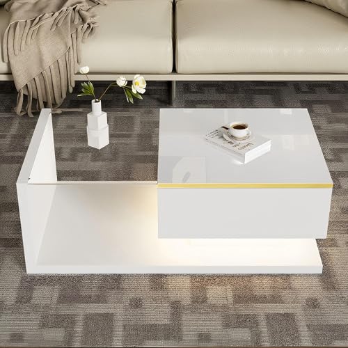 BTYJLEBE Couchtisch, Wohnzimmertisch Hochglanz, Glasplatte【Tragkraft 60KG】mit Schublade und Offenem Stauraum, Weiß (100 x 50 x 32.5 cm) von BTYJLEBE
