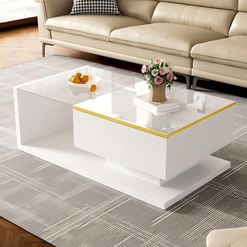 BTYJLEBE Couchtisch, Wohnzimmertisch Hochglanz, Glasplatte【Tragkraft 60KG】mit Schublade und Offenem Stauraum, Weiß (90 x 50 x 32.5 cm) von BTYJLEBE