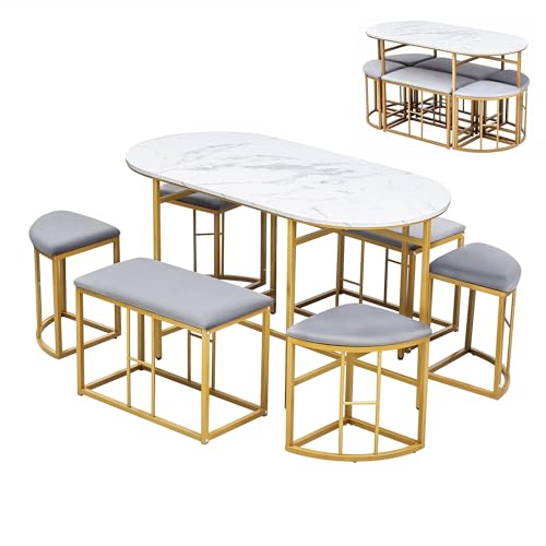 BTYJLEBE Esstisch mit 6 Stühlen Set, MDF Tischplatte, Platzsparend und Einfach zu Verstauen Esszimmerkombination Geeignet für Wohnzimmer Esszimmer und Küche Gold BTYJLEBE Esstisch mit 6 Stühlen Set, MDF Tischplatte, Platzsparend und Einfach zu Verstauen Esszimmerkombination Geeignet für Wohnzimmer Esszimmer und Küche Gold von BTYJLEBE