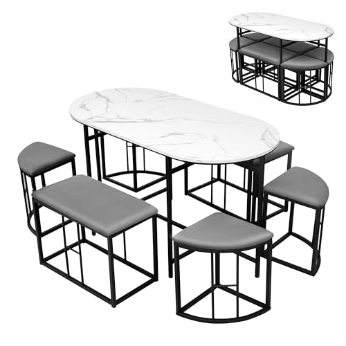 BTYJLEBE Esstisch mit 6 Stühlen Set, MDF Tischplatte, Platzsparend und Einfach zu Verstauen Esszimmerkombination Geeignet für Wohnzimmer Esszimmer und Küche Schwarz von BTYJLEBE