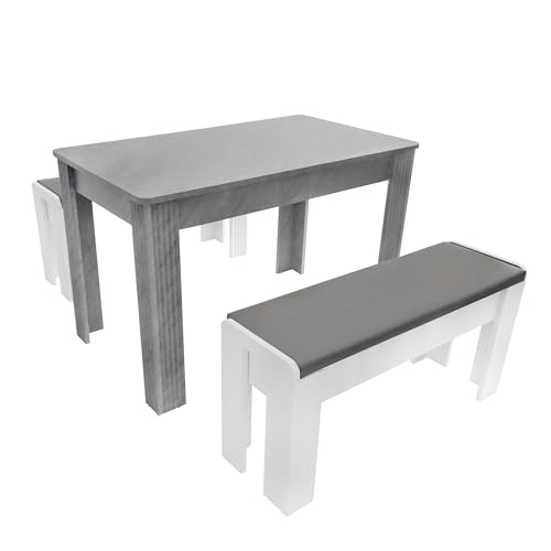 BTYJLEBE Esstisch und 2 Bank-Sets, Dining Table, Moderne Design-Bänke Stabiler Esstisch Elegante Sitzgelegenheit für Zuhause Wohnzimmer Grau von BTYJLEBE