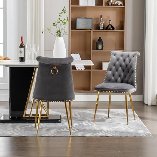 BTYJLEBE Esszimmerstühle 2er Set Samt Stuhl mit Gold Metallbeine Nagelkopfbesatz Küchenstühle Modern Polsterstuhl Bequemer Gepolsterter Rückenlehne für Wohnzimmer Esszimmer Schlafzimmer Küche Grau von BTYJLEBE