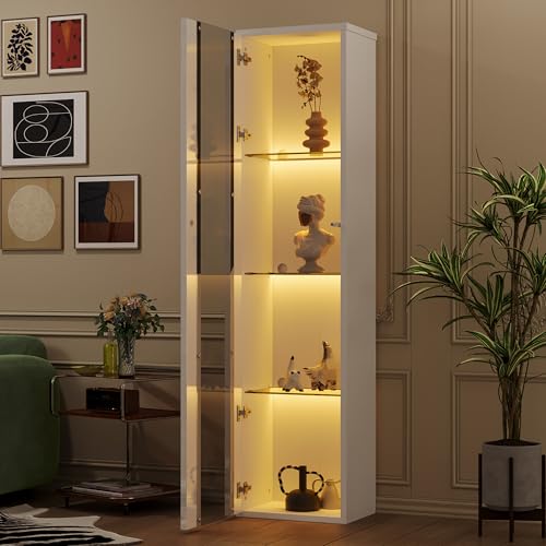 BTYJLEBE Glasvitrine Hochglanz | Hochfestes Gehärtetes Glas Tragfähigkeit 50KG | 4 Lagiges Lagerregal | Acrylplatte | Glasvitrine Stehend Weiss 40 x 29 x 170 cm von BTYJLEBE