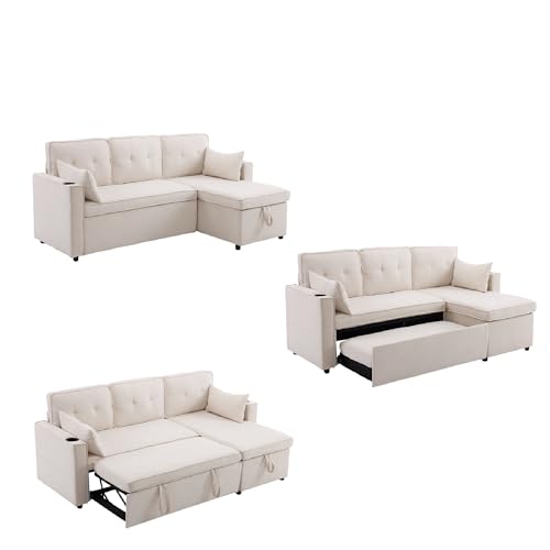 BTYJLEBE Klappbares Schlafsofa L Form 3 sitzer Sofa mit Schlaffunktion Bettfunktion Couch Bettsofa Ausziehbar Schlafcouch mit Großer Liegefläche Wohnzimmer Gästezimmer Schlafzimmer Heimkino Beige von BTYJLEBE