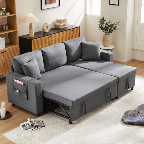 BTYJLEBE Klappbares Schlafsofa L Form Couch Sofa mit Schlaffunktion Bettfunktion Bettsofa Ausziehbar 3 sitzer Schlafcouch Großer Liegefläche Wohnzimmer Schlafzimmer Heimkino Gästezimmer Dunkelgrau von BTYJLEBE