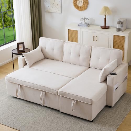 BTYJLEBE Klappbares Schlafsofa L Form Couch Sofa mit Schlaffunktion Bettfunktion Bettsofa Ausziehbar 3 sitzer Schlafcouch mit Großer Liegefläche Wohnzimmer Schlafzimmer Heimkino Gästezimmer Beige von BTYJLEBE