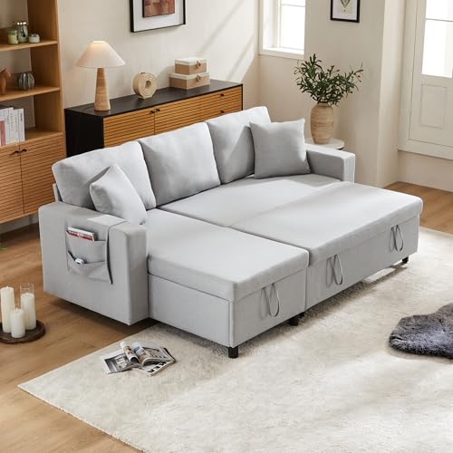 BTYJLEBE Klappbares Schlafsofa L Form Couch Sofa mit Schlaffunktion Bettfunktion Bettsofa Ausziehbar 3 sitzer Schlafcouch mit Großer Liegefläche Wohnzimmer Schlafzimmer Heimkino Gästezimmer Grau von BTYJLEBE