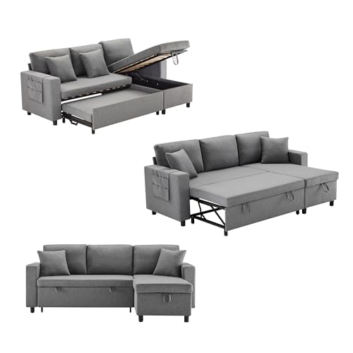 BTYJLEBE Klappbares Schlafsofa L form 3 sitzer Sofa mit Schlaffunktion Bettfunktion Couch Bettsofa Ausziehbar Schlafcouch mit Großer Liegefläche Wohnzimmer Gästezimmer Schlafzimmer Heimkino Dunkelgrau von BTYJLEBE