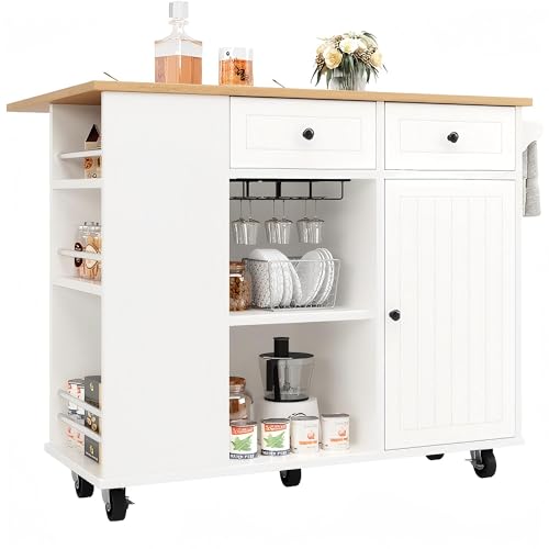 BTYJLEBE Küchenwagen, Kücheninsel mit Klappbarer Arbeitsplatte Mehrschichtigem Stauraum mit Weinglasregal Verstellbaren Regalen Freistehender Kücheninsel, Weiß (B120 × T42 × H91.5 cm) von BTYJLEBE