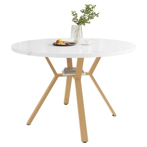 BTYJLEBE Marmor Esstisch, Runder, Tragfähigkeit 60KG 【rutschfest】 Leicht Abwischbar, Weiß mit 4 Metallbeinen Moderner Esstisch für Esszimmer und Wohnzimmer (100 * 100 * 75cm) von BTYJLEBE