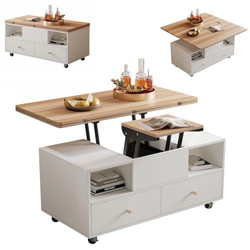BTYJLEBE Mobiler Couchtisch, Kleiner Wohnzimmertisch mit Hubfunktion, 2 Klappbare Tischplatten 4 Schubladen, Beistelltisch mit Universalrollen Geeignet für Wohnzimmer Schlafzimmer und Büro von BTYJLEBE