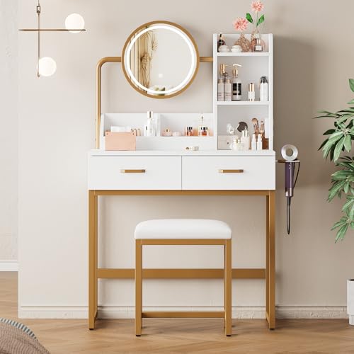 BTYJLEBE Moderner Schminktisch, Drehbarem Spiegel und Steckdosen 2 Schubladen und 2 Offene Ablageflächen Schminktisch mit Haartrocknerhalterung Frisiertisch Kosmetiktisch Weißgold 80×40×138,5 cm von BTYJLEBE