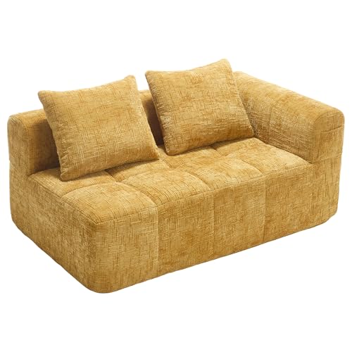 BTYJLEBE Modulares Sofa Kleines DIY 2 Sitzer DIY Chaiselongue Sofa Bequeme Weiches Chenille Couch Liegesofa mit Kissen Wohnzimmer Schlafzimmer Gästezimmer Gelb von BTYJLEBE