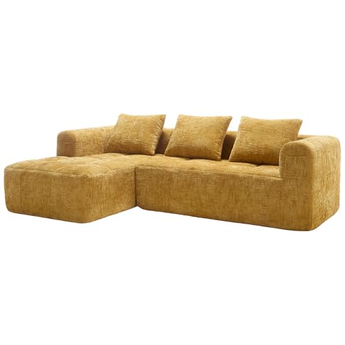 BTYJLEBE Modulares Sofa mit Schlaffunktion Bettkasten 3 Sitzer DIY Ecksofa L Form Bequeme Weiches Chenille Couch Chaiselongue Sofa mit Kissen Wohnzimmer Schlafzimmer Gästezimmer Gelb von BTYJLEBE