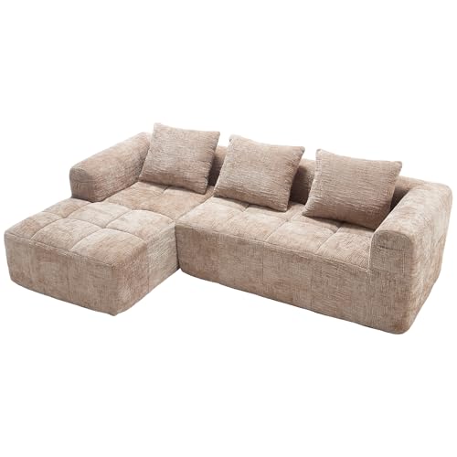 BTYJLEBE Modulares Sofa mit Schlaffunktion Bettkasten 3 Sitzer DIY Ecksofa L Form Bequeme Weiches Chenille Couch Chaiselongue Sofa mit Kissen Wohnzimmer Schlafzimmer Gästezimmer Khaki von BTYJLEBE