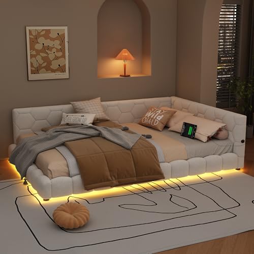 BTYJLEBE Polsterbett 140x200 mit Lattenrost Samt Tagesbett Gästebett Jugendbett Schlafsofa Multifunktionsbett Daybett Kinderbett Doppelbett Ohne Matratze Weiß von BTYJLEBE