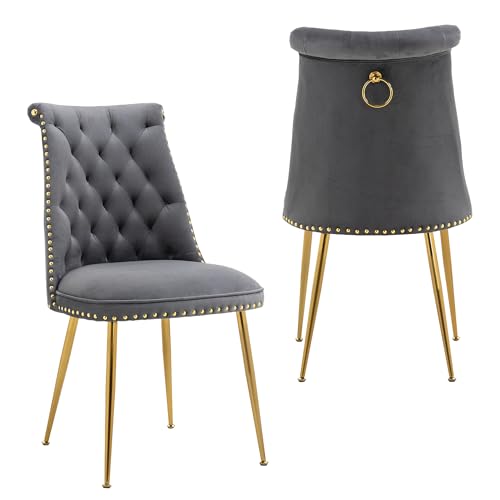 BTYJLEBE Samt Stuhl 2er Set Esszimmerstühle Gold Metallbeine Nagelkopfbesatz Ergonomisch Küchenstühle Polsterstuhl Bequemer Gepolsterter Rückenlehne für Wohnzimmer Esszimmer Küche Schlafzimmer Grau von BTYJLEBE