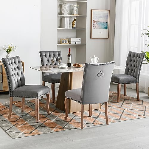 BTYJLEBE Samt Stuhl 4er Set Esszimmerstühle mit Massivholz Beine Küchenstühle Nagelkopfbesatz Polsterstuhl Bequemer Gepolsterter Rückenlehne für Wohnzimmer Esszimmer Schlafzimmer Küche Grau von BTYJLEBE