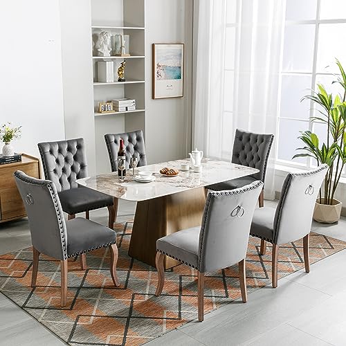 BTYJLEBE Samt Stuhl 6er Set Esszimmerstühle mit Massivholz Beine Küchenstühle Nagelkopfbesatz Polsterstuhl Bequemer Gepolsterter Rückenlehne für Wohnzimmer Esszimmer Schlafzimmer Küche Grau von BTYJLEBE