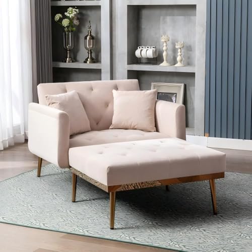 BTYJLEBE Schlafsessel, Schlafsofa Klein, Sessel mit Schlaffunktion Winkelverstellbare Rückenlehne（105° 140° 180°）mit Zwei Kissen Relaxsessel für Wohnzimmer Schlafzimmer und Lounge Beige von BTYJLEBE