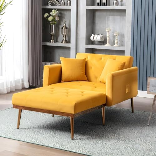 BTYJLEBE Schlafsessel, Schlafsofa Klein, Sessel mit Schlaffunktion Winkelverstellbare Rückenlehne（105° 140° 180°）mit Zwei Kissen Relaxsessel für Wohnzimmer Schlafzimmer und Lounge Gold von BTYJLEBE