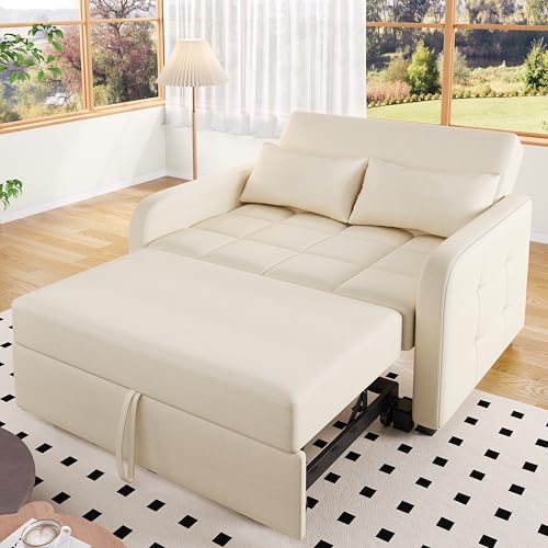 BTYJLEBE Schlafsofa Ausziehbar 3-in-1 Klappsofa Schlaffunktion Bettfunktion Wandelbares Gästebett Schlafliege mit Zwei Kissen Schlafcouch Verstellbare Rückenlehne 180 x 127 cm Schaum Beige von BTYJLEBE