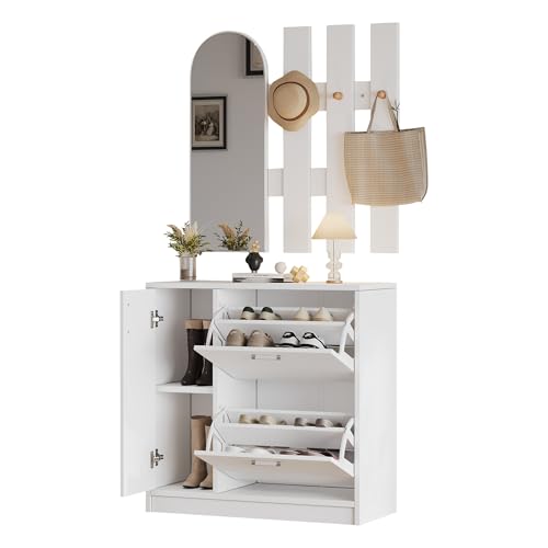 BTYJLEBE Schuhschrank mit Klappen, Flur-Schuhschrank-Set mit Spiegel und Haken, Weißes Schuhregal 2 Klappen und 1 Schiebetür Geeignet für Flure und Korridore von BTYJLEBE