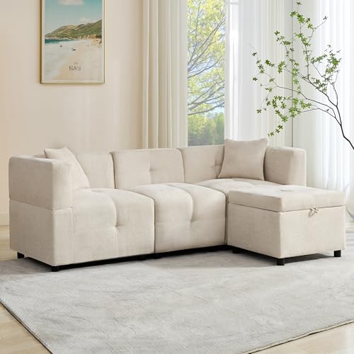 BTYJLEBE Sofa 3 Sitzer, Sofa mit Stauraum und Schlaffunktion Abnehmbarem Fußhocker und 2 Kissen, 204x126x69 cm Geeignet für Wohnzimmer, Beige von BTYJLEBE