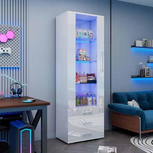 BTYJLEBE Weiße Hochglanzvitrine, Vitrine Glasvitrine, Standvitrine Vertikale Vitrine mit 3 Schubladen 60 * 35 * 180cm von BTYJLEBE